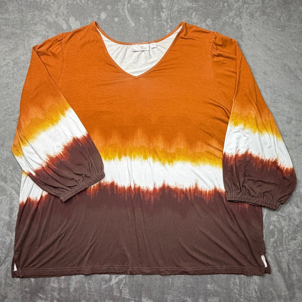 Belle by Kim Gravel Womens 3X Orange Brown Ombre Tie Dye V-Neck 3/4 Sleeve Top